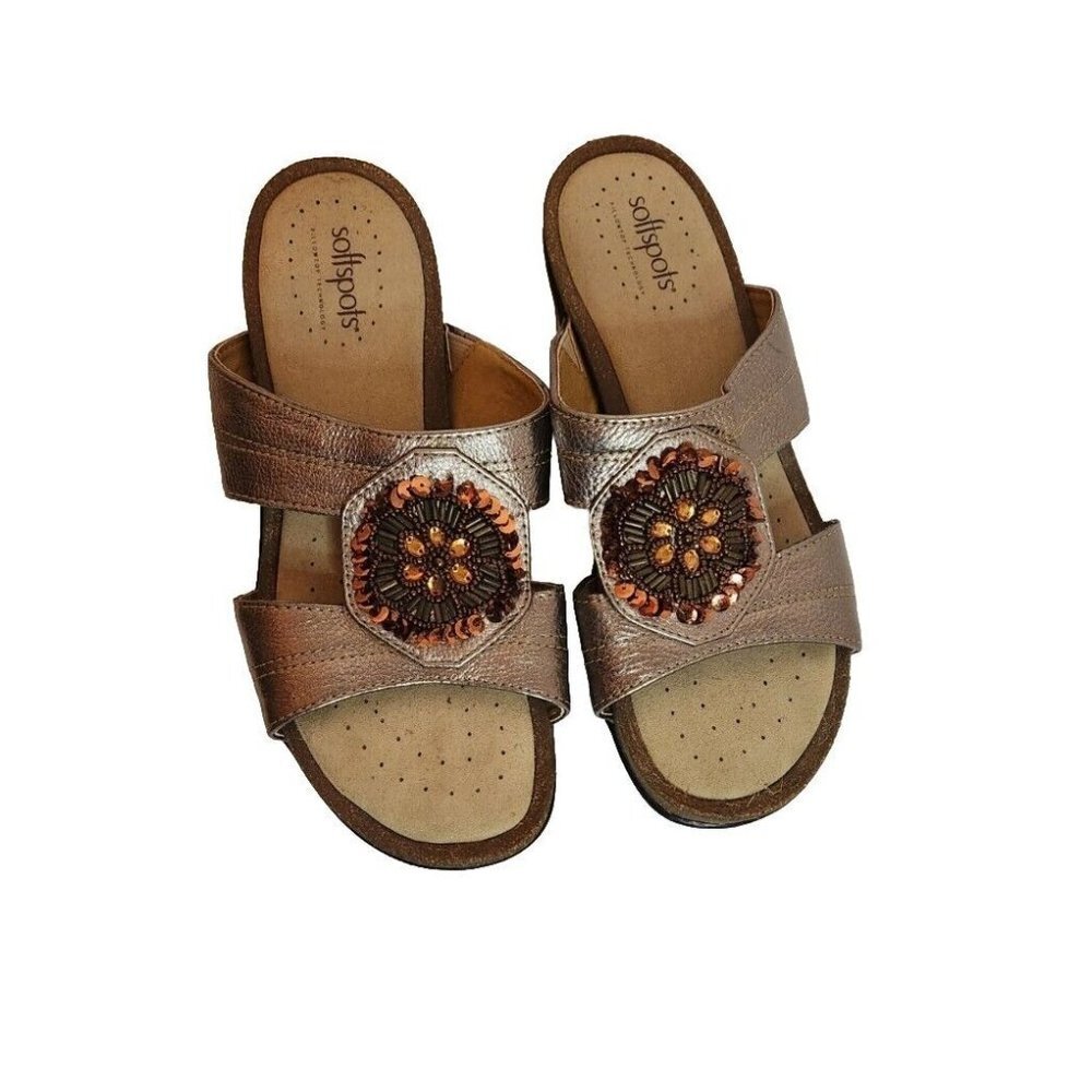 Softspots Pillowtop Leather Sandals Bronze Beaded Trim Size 8M
